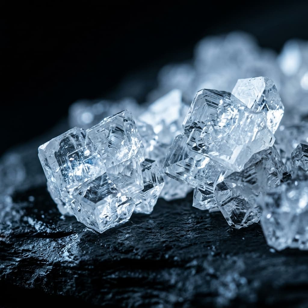 Cristales de sal de Añana — geometría mineral sobre pizarra