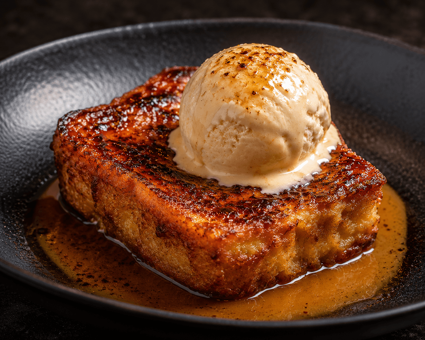 Torrija caramelizada con helado de leche quemada